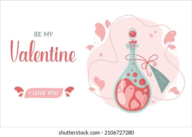 Happy Valentine’s Day Postcard. Elixir bottle. Flat vector illustration.