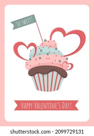 Feliz postal de San Valentín. Pastel dulce con corazones y cuentas. Ilustración vectorial plana.