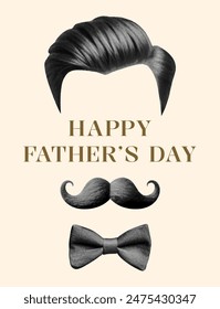 happy Father’s Day poster design with twist mustache classic gentleman’s hairstyle bow tie traditional masculine grooming symbols retro halftone dotted collage elements vintage style illustration