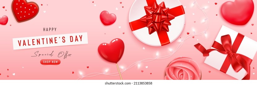 Happy Valentine’s Day poster. Vector holiday template with red hearts, gift box, lollipop, pancake, light garland, confetti. Romantic background for banner, poster, greeting card, flyer, brochure.