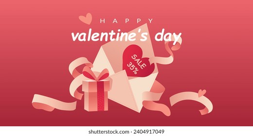 happy Valentine’s Day promotional poster and banner. Heart fly out of the opened envelope, gifts, and ribbons vector illustration