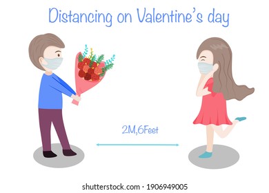 Happy Valentine’s Day and protect coronavirus by wearing mask and stay keep distancing for give flower to girlfriend.vector illustrated 