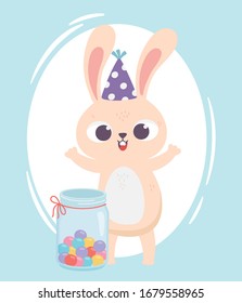 happy day, rabbit with party hat and jar full of candies vector illustration