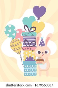 happy day, rabbit with party hat cake stacked gifts and balloons vector illustration
