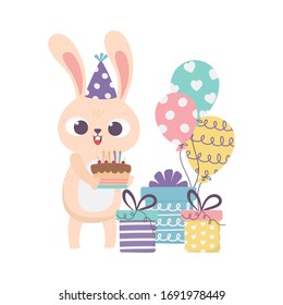 happy day, rabbit with party hat cake gift boxes and balloons vector illustration