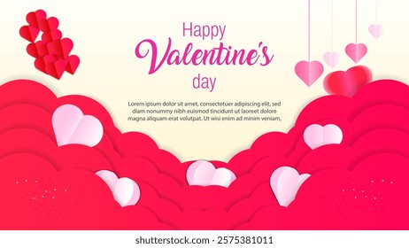 Happy Valentine’s Day rectangle web or social media post background design with pink and red gradient heart shapes. Happy Valentine’s Day greeting.  calligraphy text for banner, greeting card