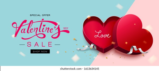 Happy Valentine’s Day with red heart shaped gift box and glitter gold confetti on blue and pink background-For poster, flyer, invitation, brochure, banner.Vector Illustration.