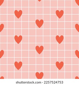 Happy Valentine’s Day retro seamless pattern with groovy hearts. Cute hearts on checkerboard background. Vintage lovely vector for invitation, wrapping paper, packaging etc.