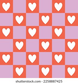 Happy Valentine’s Day retro seamless pattern with groovy hearts. Cute hearts on checkerboard background. Vintage lovely vector for invitation, wrapping paper, packaging etc.