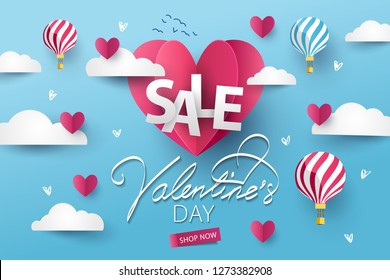 Happy Valentine’s Day Sale background. Banner, poster or flyer design with flying Origami Hearts over clouds with air balloons in the sky. Paper art, digital craft style. Vector illustration