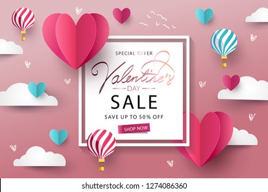 Happy Valentine’s Day Sale Background. Banner, Poster Or Flyer Design With Flying Origami Hearts Over Clouds With Air Balloons In The Sky. Paper Art, Digital Craft Style. Vector Illustration