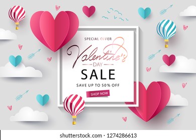 Happy Valentine’s Day Sale Background, Banner, Poster Or Flyer Design With Flying Origami Hearts Over Clouds With Air Balloons In The Sky. Paper Art, Digital Craft Style. Vector Illustration