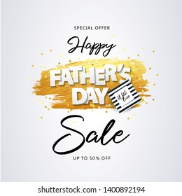 Happy Father’s Day Sale background. Holiday illustration with gift box, sparkling confetti and texture of golden brush strokes on a white background. Father’s day poster design, social and fashion ads