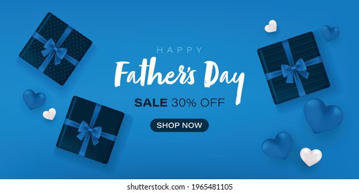 Happy Father’s Day Sale banner with gift boxes and hearts on dark blue background. Vector illustration in 3d render realistic style