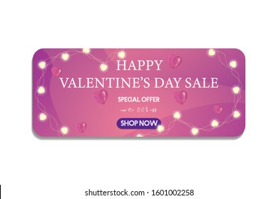 Happy Valentine’s day sale offer banner background. Valentine gift flyer, advertisement discount. Discount price vector illustration with heart balloon and garland.