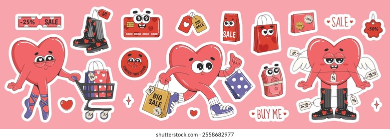 Happy Valentine’s Day sale sticker collection with retro cartoon characters. Sale labels. Vector illustrations for online shop, posters, prints, websites, social media posts. 