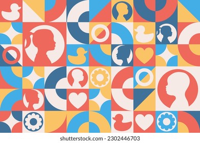 Happy Children’s Day. Seamless geometric pattern. Template for background, banner, card, poster. Vector EPS10 illustration