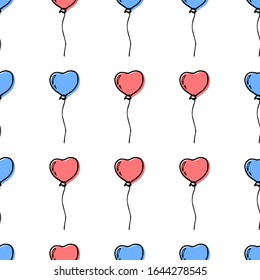 Happy Valentine’s Day seamless pattern with heart shape blue and pink balloons. Hand drawn doodle style decoration. Love symbol. Baby shower design. For fabric, textile, wallpaper. Vector illustration