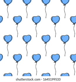 Happy Valentine’s Day seamless pattern with heart shape blue balloons. Hand drawn sketchy doodle style decoration. Love symbol. Baby shower design. For fabric, textile, wallpaper. Vector illustration