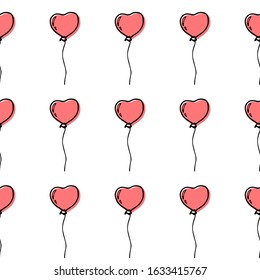 Happy Valentine’s Day seamless pattern with pink balloons. Hand drawn with ink and brush, sketchy doodle style heart shape decoration. Love symbol. For fabric, textile, wallpaper. Vector illustration