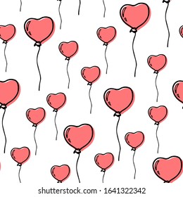 Happy Valentine’s Day seamless pattern with pink balloons. Hand drawn with ink and brush, sketchy doodle style heart shape decoration. Love symbol. For fabric, textile, wallpaper. Vector illustration