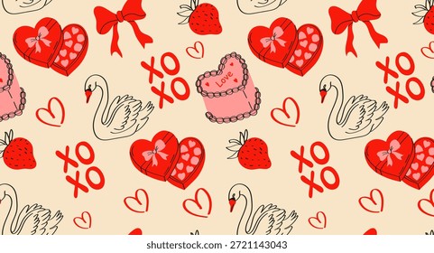 Happy Valentine’s oder Galentine’s Day nahtlose Muster in einem trendigen handgezeichneten skurrilen Stil. Romantische Elemente mit Herzbonbons, Erdbeere, Schwan und XO-Schriftzug. Vektortextur für Branding, Banner, Cover und Poster.