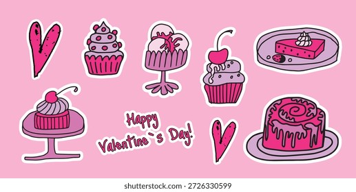 Feliz día de San Valentín con lindos postres dibujados a mano, cupcakes, pasteles y corazones sobre fondo rosa. Ilustración dulce juguetona en estilo doodle para sentimiento romántico festivo.