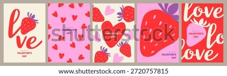 Happy Valentine’s Day. Set of cute vector greeting cards in modern abstract style with hearts, strawberries, and love lettering. Romantic design for holiday cards, posters, invitations, and social media.