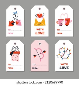 Happy Valentine’s day set of gift tags for packaging decor. Hand drawn February 14 love labels elements in retro style for scrapbooking design. Textured modern holidays message