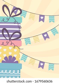 happy day, stacked gift boxes and pennants decoration vector illustration