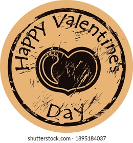 Happy Valentine’s Day sticker! Heart logo on craft paper background. Love symbol vector round shabby emblem in old style. Grunge style icon stamp. Retro classic design. I love you. Text
