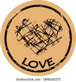 Happy Valentine’s Day sticker! Heart logo on craft paper background. Love symbol vector round shabby emblem in old style. Grunge style icon stamp. Retro classic design. I love you. Text