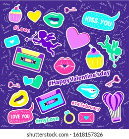 Happy Valentine’s day stickers futuristic retro, 80s-90s style. In Vector illustration 14 february stickers. Love stickers