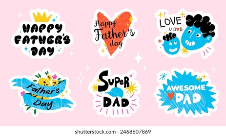 Happy Father’s Day stickers set. Hand drawn and texture cute elements for greeting and celebrate dad. Vector illustration. No AI.