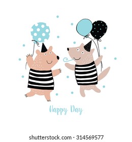 Happy day. Sweet card. Lovely background with cute cartoon animals. 