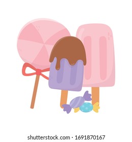 happy day, sweet ice cream in stick candy caramel cartoon vector illustration