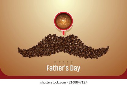 Happy Father’s Day. Top view Coffee cup and mustache on Vintage background. Mustache making with Coffee beans. Red Coffee mug. Banner, backdrop, background. 3D illustration, 3d rendering. Vector art.