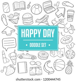 Happy Day Traditional Doodle Icons Sketch Hand Made Design Vector