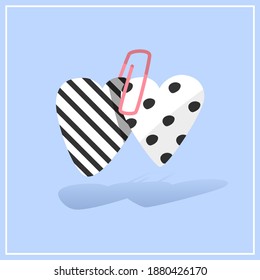 Happy Valentine’s Day. Two hearts connected with a paper clip. Isolated on blue background. Vector illustration. Holidays celebrating. Poster, print and paper design.