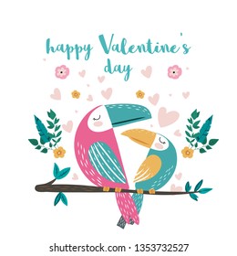 Feliz Día de San Valentín, dos turistas enamorados sentados en una rama. Amor tropical. Ilustración vectorial.