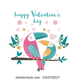 Happy Valentine’s Day, two toucans in love sitting on a branch. Tropical love. Vector illustration.