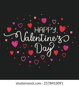 Happy Valentine’s Day typography. Background with cute hand drawn hearts. Vector illustration