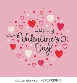 Tipografía feliz del día de San Valentín. Fondo con lindos corazones dibujados a mano. Ilustración vectorial