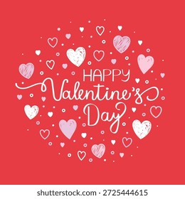 Alles Gute zum Valentinstag! Hintergrund mit niedlichen handgezeichneten Herzen. Vektorgrafik