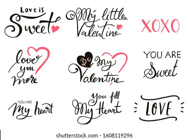 Happy Valentine’s Day typography background with heart.The wording are my little valentine, you are sweet,love you more,xoxo