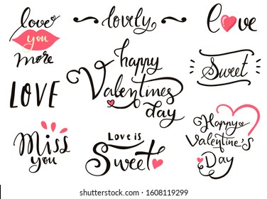 Happy Valentine’s Day typography background with heart.The wording are lovely,love you more,miss you