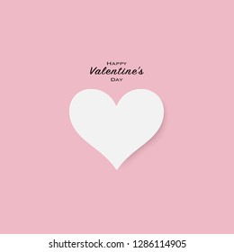 Happy Valentine’s Day typography greeting card with paper cut white heart on pink background. Vector illustration. Invitation, posters, wallpaper and festive banner.