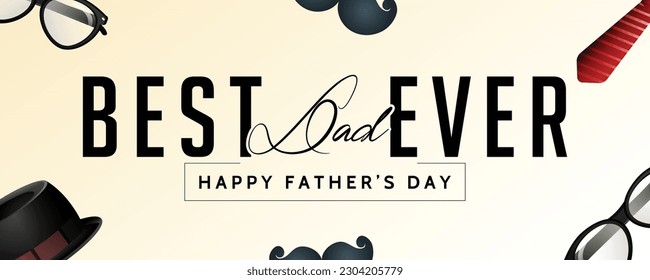 Happy Father’s Day typography in greeting card. Vector illustration. Glasses, bow tie, mustache, gift , Cap, box and hearts.
