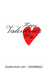Happy Valentine’s Day typography poster with black handwritten calligraphy text and red heart, isolated on white background. Vector Illustration