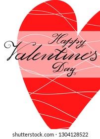 Happy Valentine’s Day typography poster with black handwritten calligraphy text and red heart, isolated on white background. Vector Illustration